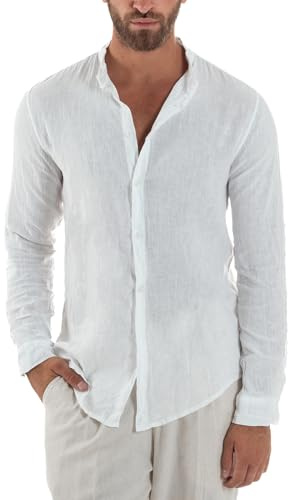Giosal Camicia Uomo Lino Collo Coreano Maniche Lunghe Casual Regular Fit Basic Tinta Unita Vari Colori (IT, Testo, S, Regular, Regular, Bianco)