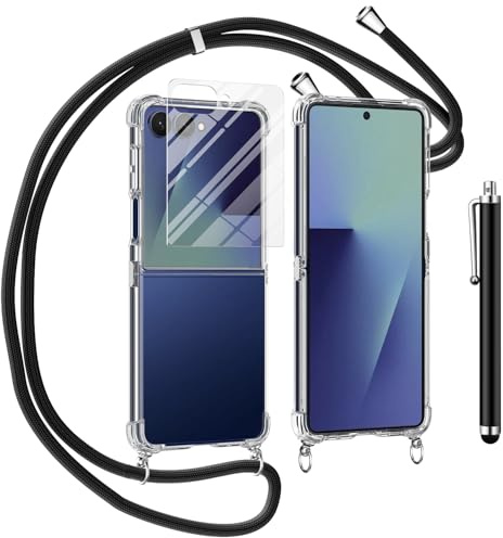 TTSWJBD Cover per Samsung Galaxy Z Flip 7 e Vetro Temperato Custodia con Cordino Silicone Trasparente Morbida Cover Cellulare Girocollo Collana Necklace Protettiva Bumper Antiurto TPU Case, Nero