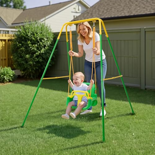 Warmiehomy 3 in1 Baby Swing Chair with Safety Harness Kids Swings for Garden Backyard Outdoor Indoor, Foldbale Toddler Swing Chair Play for Children Gift for 1 2 3 4-10 years old Boys Girls, Green