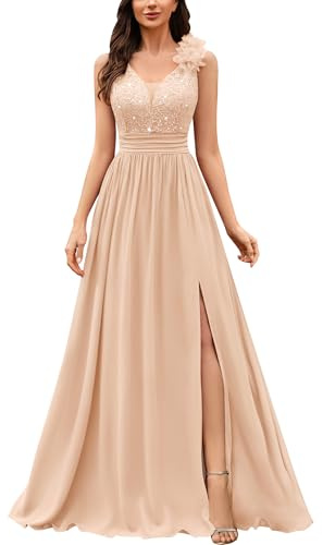 MIUSOL Women's Vintage V-Neck Sleeveless Sequined Lace Split Wedding Formal Evening Maxi Dress (XX-Large, Champagne)