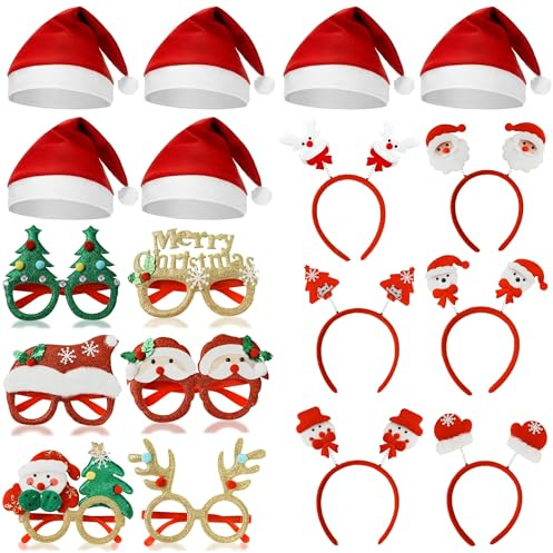JOYEONDEF 18 Stück Weihnachts Accessoires Set – 6 Haarreifen, 6 Nikolausmützen & 6 Lustige Brillen – Party Deko & Foto Requisiten für Weihnachtsfeier & Events für Erwachsene