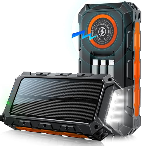 52800 mAh Wireless Solar PowerBank mit kabelloser Ladefunktion, wasserdicht, Lieferung mit 5 Ausgängen, 3 Eingängen, Taschenlampe, Karabiner, Qc 30 W und USB C Pd 20 W für Handys, Tablets
