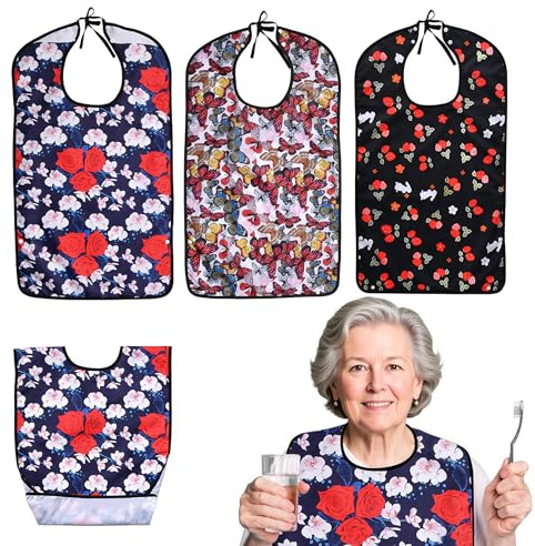 Oulisen 3 Pcs Adult Bibs For Women With Crumb Catcher, Reusable Waterproof Large Bibs For Adult, Clothing Protector For Eating,Washable Feeding Bib For Women Elderly Senior
