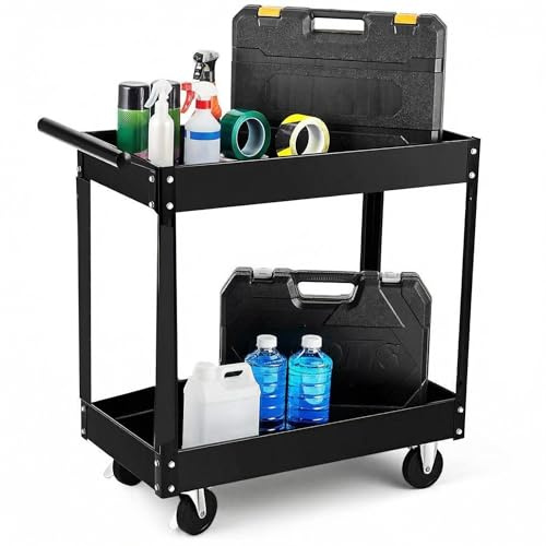 2-Tier Metal Tool Trolley on Wheels, 330 Lbs Heavy Duty Rolling Tool Utility Cart with Handle, Utility Steel Work Trolley for Garage, Office, Warehouse & Workshop
