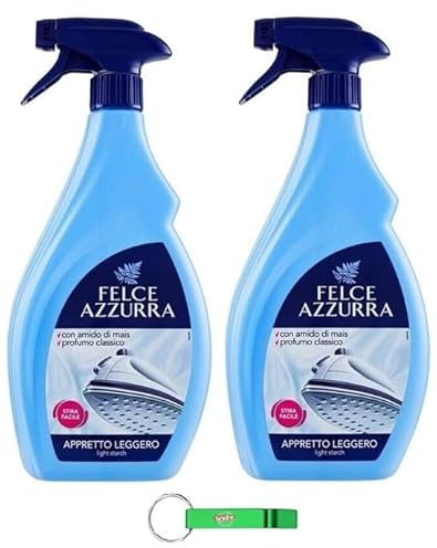 2 X Felce Azzurra Appretto Leggero Spray per Stira Veloce, aiuto per stirare leggermente rinforzante, stiratura rapida, profumata 750 ml + portachiavi Beni Culinari
