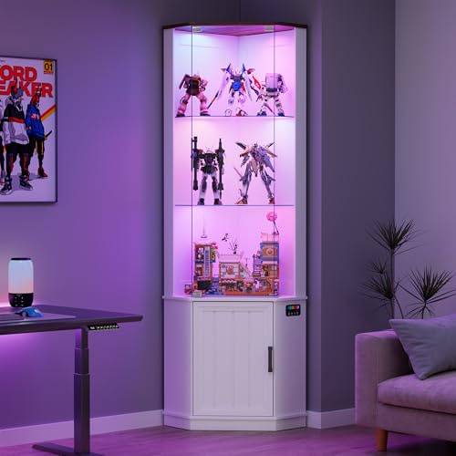 175cm Eckvitrine mit RGB Beleuchtung,Intelligente Sensorik für Wohnzimmer | Glasvitrine mit Glastüren,3 Lagen für Schlafzimmer Büro,Studie,Schätze Sammlervitrine,Weiß