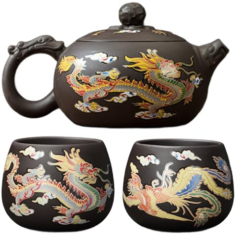 Otbushit 1 Set Dragon Phoenix Color-changing Kung Fu Tea Set Includes Purple Clay Teapot & 2 Teacups Chinese Tea Pot and Cups
