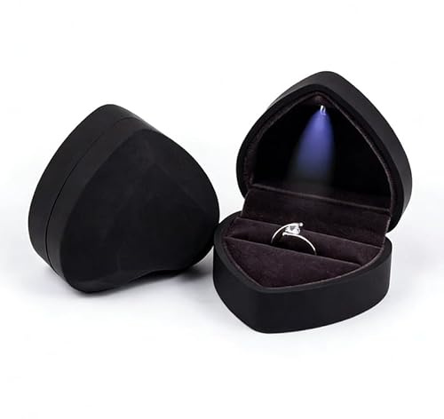 Fangehong Verlobungsring Box, Rngbox mit LED Licht, Ringschatulle Herzform für Engagement Ring, Hochzeit, Verlobung,Valentinstag, Heiratsantrag (Schwarz)