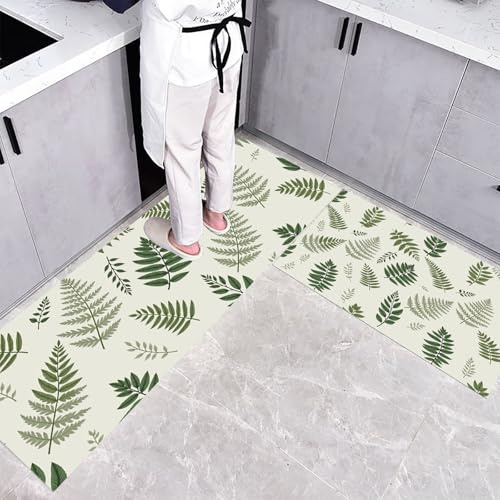 BACSEAZH Farne Blätter Küchenteppiche 2 Stück, Anti-Müdigkeit Rutschfestes Pflanzen Illustrationen Küchenmatten, Staubdicht Grün küchenläufer, Fußmatte für Wohnzimmer Schlafzimmer 50x80cm+50x180cm