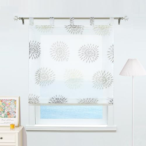 ESLIR Raffrollo mit Schlaufen Gardinen Küche Raffgardinen Transparent Schlaufenrollo Vorhänge Kreis-Motiven Modern Voile Braun BxH 100x140cm 1 Stück