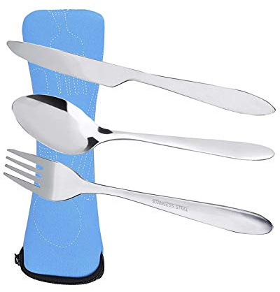 Prettyui Silverware Cutlery Set Stainless Steel with Organizer Bag Travel Camping Flatware Dinnerware Tableware Kit with Storage Lunch Box for Picnic School Knife Fork Spoon Set Blue Case（3 Pack）
