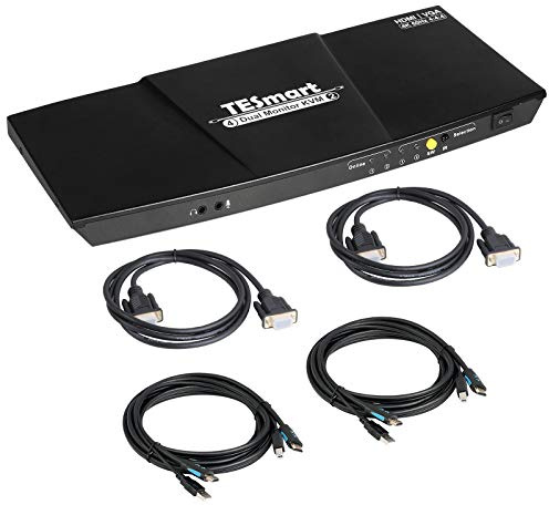 TESmart Dual Monitor 2x2 HDMI+VGA KVM Switch 4K@60Hz 4:4:4 Ultra HD 2 PC 2 Monitor KVM Umschalter mit zusätzlichem USB 2.0 Port&L/R Audioausgang einschließlich 2 Stück 1,5 m KVM-Kabel-Mattschwarz