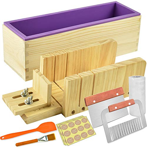 Artcome Kit di stampi per tagliare il sapone per pagnotta, multifunzione, regolabile, in legno, set di stampi rettangolari in silicone con taglierina ondulata e dritta in acciaio inossidabile