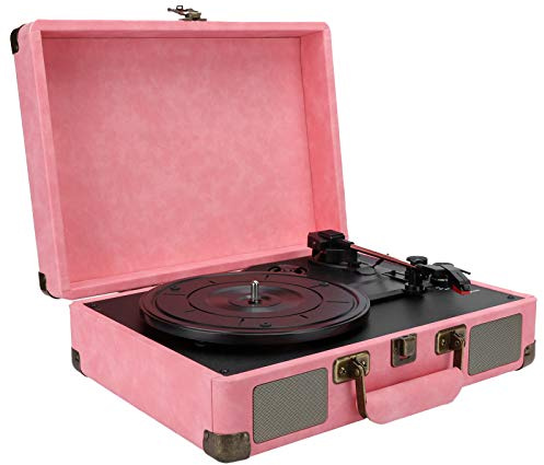 Phonograph Record Playe Bluetooth 5.0, 3-Gang-Plattenspieler 33/45/78 RPM Schallplattenspieler, mit 2 Eingebauten Stereo-Lautsprechern, Tragbarer Vintage-Koffer für Heimtextilien(EU-Rosa)
