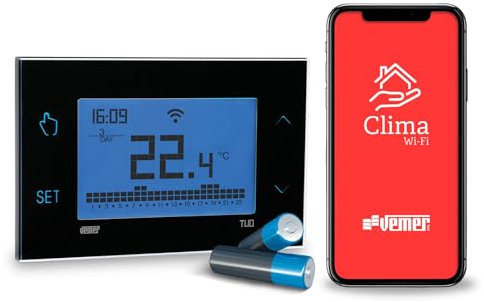 VEMER VE788700 TUO WIFI BATTERIA - Termostato WiFi a Batteria Smart - Cronotermostato WiFi Controllabile da Smartphone con APP iOS e Android, Compatibile con Alexa e Google Home, Nero