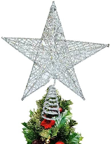Puntale per Albero di Natale a Forma di Stella Glitterata in Ferro - Decorazione Natalizia per la Casa (D'argento)