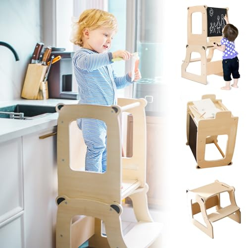 let's make Anti-Kipp Lernturm ab 1 Jahr Klappbar 4 in 1 Abnehmbarer Montessori Lernturm Tritthocker mit Tafel Für Kinder, für Küche Tisch Bad