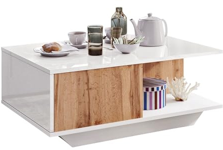 Dafi Furniture DF Table Basse de Salon, Moderne Table Salon avec Un Compartiment de Rangement Pratique, Finition de Plateau Blanc Brillant (Gloss Wotan)