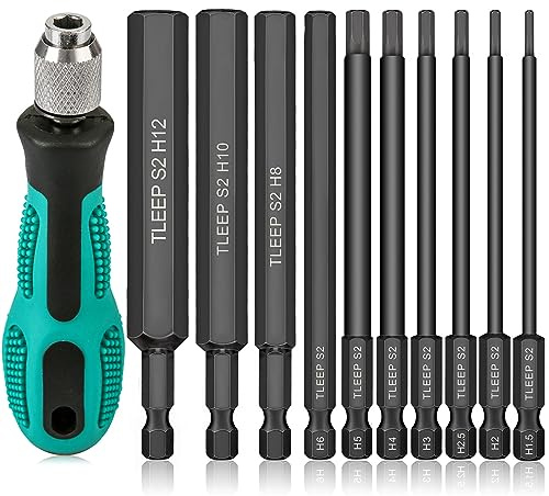 TLEEP 1/4 Inch 3.94 Long Allen Wrench Drill Bits w/ 1/4 Quick Change Bit Driver, Metric Hex Screwdriver Set, Magnetic Allen Key Drill Bit Set 1.5mm-12mm S2 Steel Allen Socket Set for Ikea Furniture