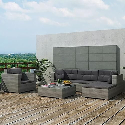 Homgoday Gartenmöbel Set Gartensofa 6-TLG. Loungemöbel Sitzgruppe Essgruppe Garnitur Sitzgarnitur Sitzgruppe Gartenset Sofagarnitur mit Tisch und Auflagen Poly Rattan Grau