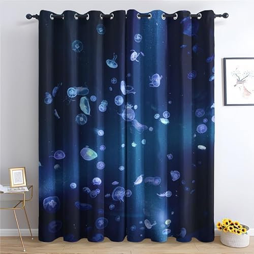 SZLYZM Qualle Vorhänge Blickdicht Gardinen mit Ösen - Vorhang Meer Meerestiere Muster - Verdunkelungsvorhang Thermovorhang für Wohnzimmer Schlafzimmer Kinderzimmer Deko 2er Set, 137x117 cm (H X B)
