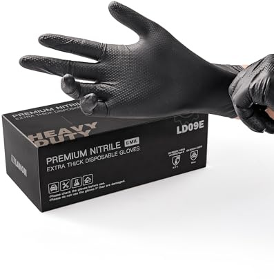 LANON 8 Mil Nitrile Disposable Gloves, Diamond Grip Black Gloves, Heavy-Duty, Latex & Powder Free, Food Safe, Extra Thick Mechanic Gloves, Large(Pack of 100)