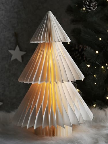 Spetebo LED Papier Weihnachtsbaum Deko - 30 cm - Falt Tannenbaum beleuchtet zum Stellen Wiederverwendbarer Weihnachts Baum weiß
