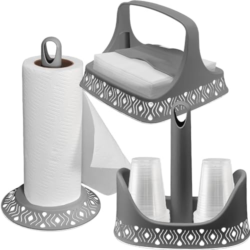 Sicignano | Set Portarotolo Portatovaglioli Portabicchieri, Linea Tosca, Plastica BPA Free - Facile da Spostare, Lavabile in Lavastoviglie, Elegante - 100% Made in Italy (Grigio/Bianco)