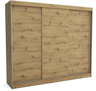 Brent - Kleiderschrank Schiebetüren Emily, 250cm Breit, Schlafzimmerschrank mit 1 Kleiderstange und Einlegeböden für Kleidung, Kleiderschrank Artisan Eiche