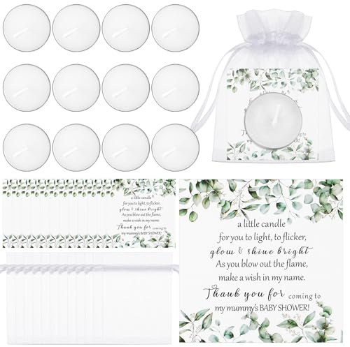 Sinmoe Shower Candle Favors Kit: 12 Sets with 12 Tea Light Candles, Thank Tags & Return Gift Bags - Perfect for Reveals & Birthdays