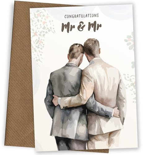 Hey Chimp, Karte zum schwulen Hochzeitstag. Luxuriöse Hochzeitskarten in Aquarell für zwei Bräutigame. Herzlichen Glückwunsch an das frisch vermählte Paar zur Hochzeit!