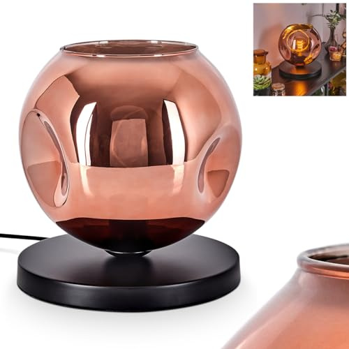 Tischleuchte Ripoll, Tischlampe aus Metall/Glas in Schwarz/Kupferfarben, Leuchte im modernen Retro/Vintage-Design mit Schirm aus Glas (Ø 25 cm) u. An/-Auschalter am Kabel, 1 x E27, ohne Leuchtmittel