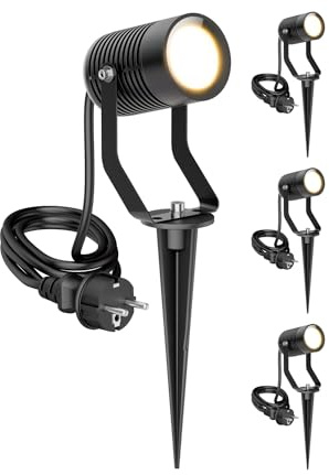 ledscom.de 4 SHINGA trädgårdsstrålkastare med jordspett för utomhusbruk, IP65, stickpropp, svart, inkl. GU10 LED-lampa 630lm, varmvit