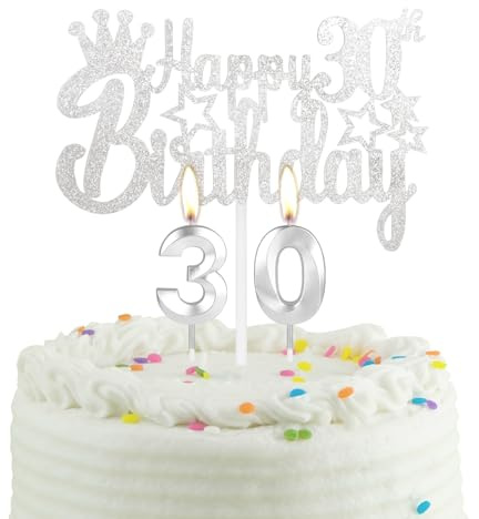 30-jähriges Silber Geburtstag Kuchen Kerze, Partykerze mit Tortenaufsatz, Silber Party Kerze Cake Topper für Jungen Mädchen Männer Frauen, 30 Geburtstag Dekoration, Hochzeitstag