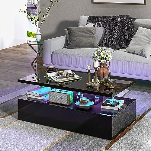 GOPLUS Couchtisch mit LED-Beleuchtung, Wohnzimmertisch mit Verstellbarer Lichtfarbe, Kaffeetisch Schwarz Hochglanz, Couchtisch mit Fernbedienung für Wohnzimmer (Schwarz)