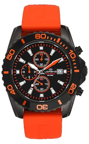 Lorenz - Orologio sportivo da uomo - Cronografo al quarzo Modello 026117OB - Orologio Subacqueo con cinturino in gomma di colore arancio