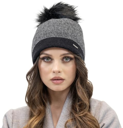 VIVISENCE Winter Mütze Für Damen Beanie Mit Bommel Strickmütze Subtilem Pepitamuster Perfekte Passform Herbst Gemütlich Ideal Für Kalte Wintertage Und Outdoor-Aktivitäten Modell 7095