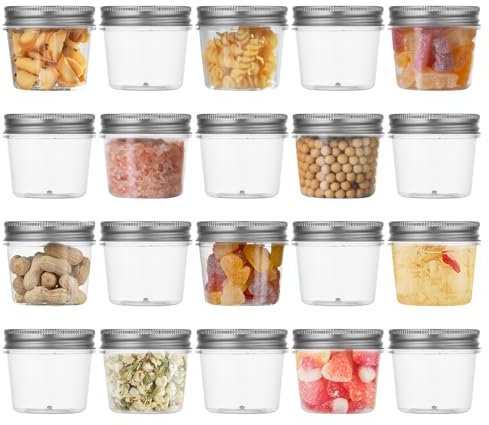 Naivees Plastic Mason Jars 4 Ounce Clear Storage Containers with Lids Small Plastic Jars for Food Storage,Canning,BPA Free (Silver, 20 Pack)