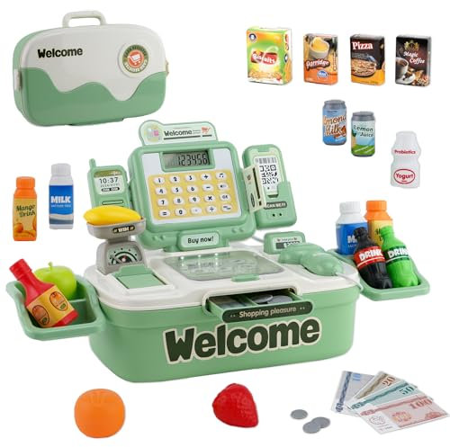 Elektronische Kasse Spielzeug Supermarkt Registrierkasse mit Scanner,Sound, Essen,Einkaufskorb, Kreditkarten-Geschenk Geschenk für Kinder Mädchen Jungen ab 3+ Jahre (Grün)