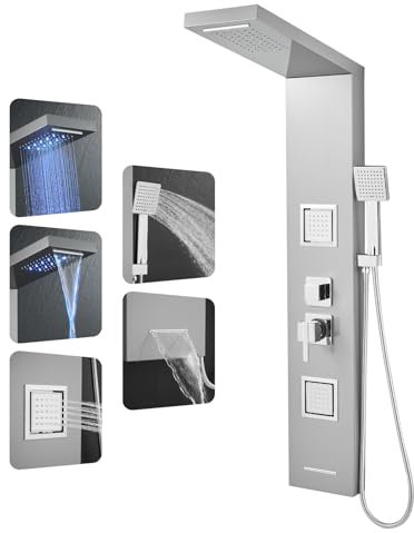 OUGOO LED Duschpaneel mit Armatur, 5 Funktionen Duschsäule, Wasserfall & Regendusche, Massagedüsen, Handbrause und Wanneneinlauf, Gebürstet Edelstahl Duschpaneele Komplett