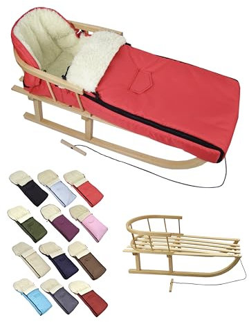 BambiniWelt Holzschlitten mit Rückenlehne & Zugseil + Winterfußsack 108 cm – warme Lammwolle, wasserabweisend – Kombi-Set für Kinderwagen & Buggy, Farbe: rot