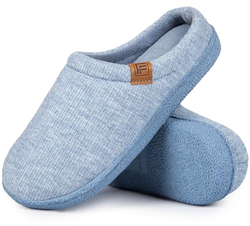 FamilyFairy Women’s Slippers Cosy Memory-Foam Striped Knit Non-Slip Indoor Outdoor Ladies House Shoes Blue,5-6