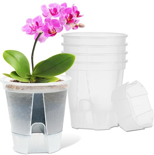 IWTTWY 5 Pack Self Watering Plant Pot, 15cm Plastic Flower Pots, Seed Seedling Pots for Indoor with Drainage Maintains, Herb Planter for Orchid, African Violet, Rose, Tulips (Clear)