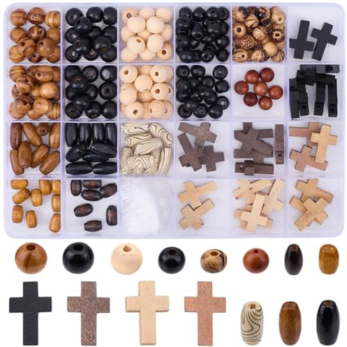 SUNNYCLUE 1 Box Mit 290 Kreuz Holzperlen Set Ostern Holzkreuzperlen Kruzifix Mini Kreuze Kreuzperlen Anhänger Runde Holz Abstandshalterperlen Zur Schmuckherstellung DIY Ohrringe Armbänder Rosenkränze