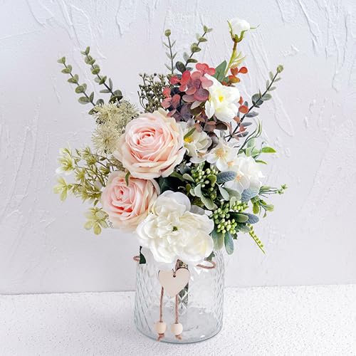 Yorkmills Faux Flowers with Vase, Artificial Silk Flowers in Vase, Fake Plant, White Rose and Peony flowers, Arrangement for Home Spring Decor Dining Table Centerpiece Decorations Coffee Table Decor