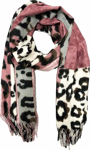 Jeamis XXL Leopard Farbverlauf Herbst Schal Winter Schal Stola Tuch Übergangsschal Wolle Baumwolle mit Fransen Leo (Rosa)