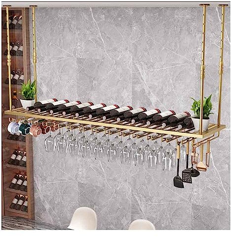 Portabottiglie regolabile da appendere con supporto per bicchieri di vino nero da appendere per bar a soffitto, elegante portabottiglie per cucina e bar, dimensioni 150 x 35 cm
