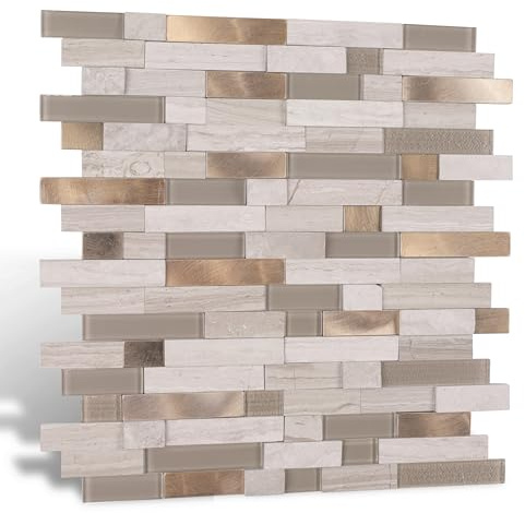Nicesungdeco Peel and Stick 3D Natural Stone Mosaic Backsplash Tiles, 12 x 12 5-Sheet Backsplash Self Adhesive Tiles for Kitchen Fireplace Vanity (Grey Gold)