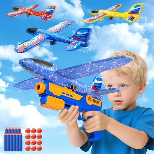 KIMIGO Flugzeug Spielzeug,Styropor Flugzeuge für Kinder mit Katapult – 3 Flugzeug-Spielzeug Set,Wurfgleiter Outdoor Kinderspielzeug ab 3+ Jahre Geschenk für Junge/Mädchen