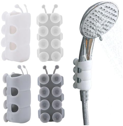4Pcs Suction Cup Shower Head Holder, Caterpillar-Shaped TPE Shower Head Holder, Waterproof Punch-Free Wand, Washable Reusable Showerhead, 2 White and 2 Grey